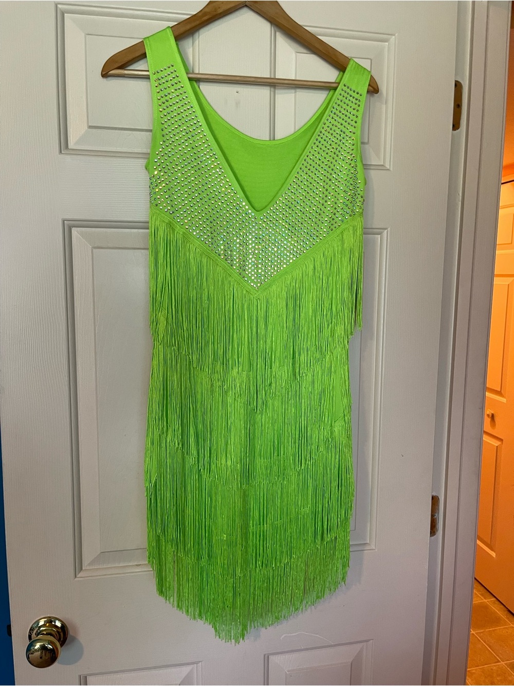Neon Lime Green Latin Salsa Ballroom Fringe Rhinestone Dance Dress | S/M - Picture 3 of 9